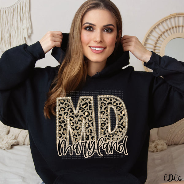 Leopard Faux Embroidery & Glitter States DTF (KY-NY)