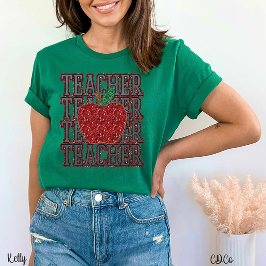 Stacked Teacher Apple Faux Sequin Embroidery DTF