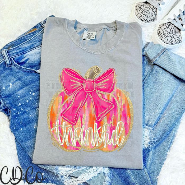 Thankful Pink Gold Brush Pumpkin Bow DTF
