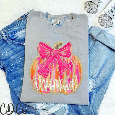 Thankful Pink Gold Brush Pumpkin Bow DTF