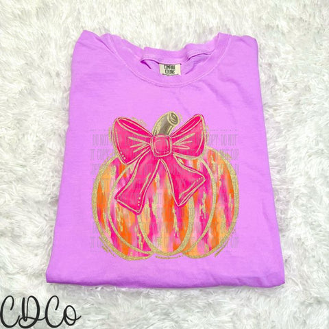 Gold Pink Brush Pumpkin Bow DTF