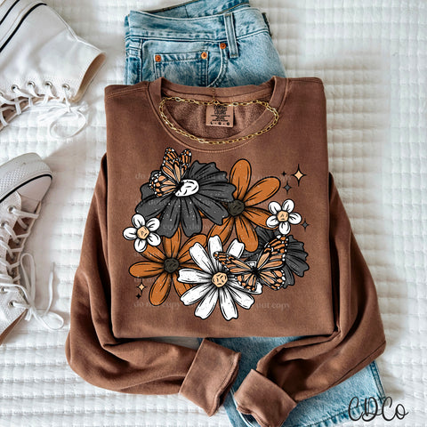 Black Rust White Floral w Butterflies 3480 DTF