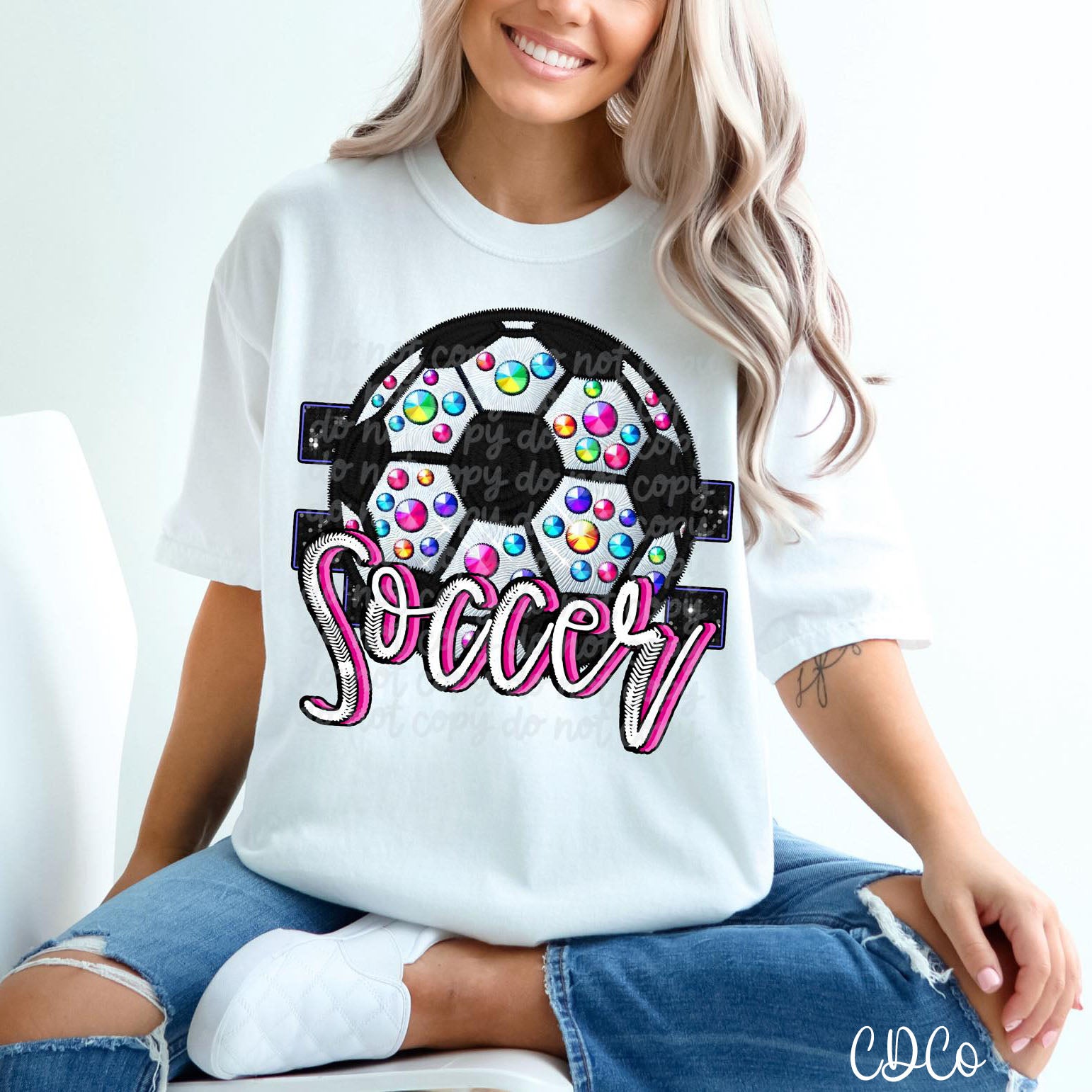 Bright Faux Rhinestone Bling Soccer DTF
