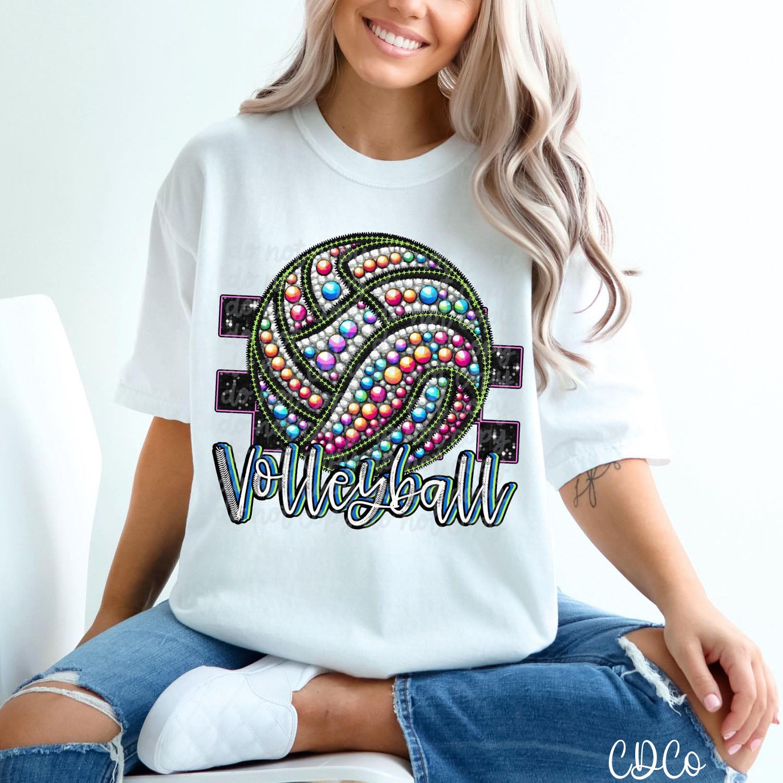 Bright Faux Rhinestone Bling Volleyball DTF