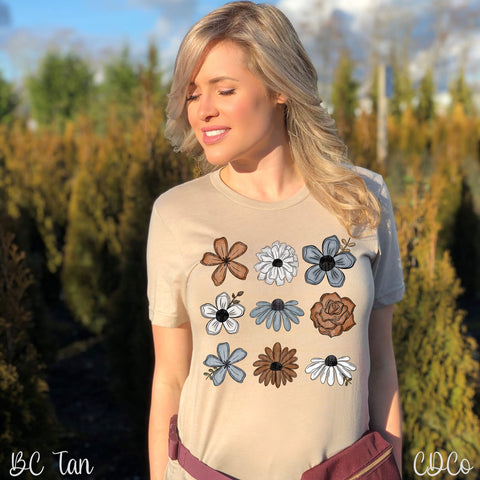 Brown Blue White Painted Flowers Grid DTF