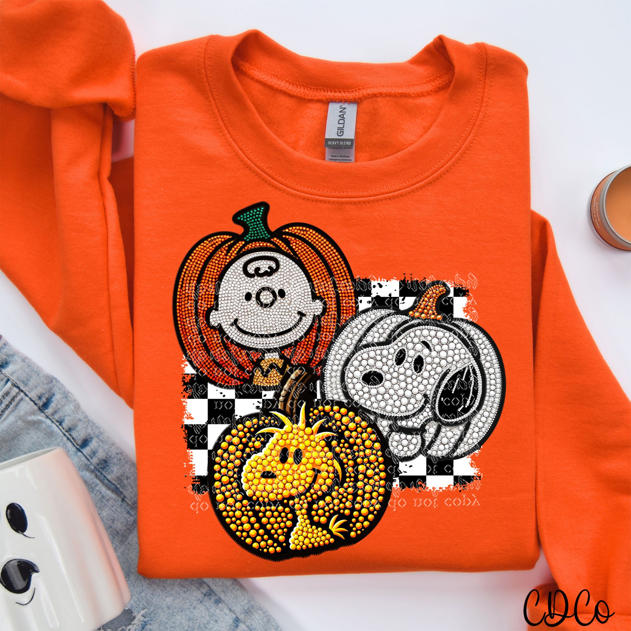 CB & Friends Pumpkins Checkered Faux Embroidery Bling DTF