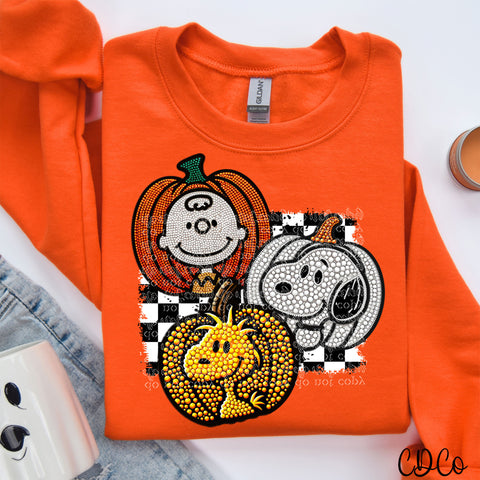 CB & Friends Pumpkins Checkered Faux Embroidery Bling DTF