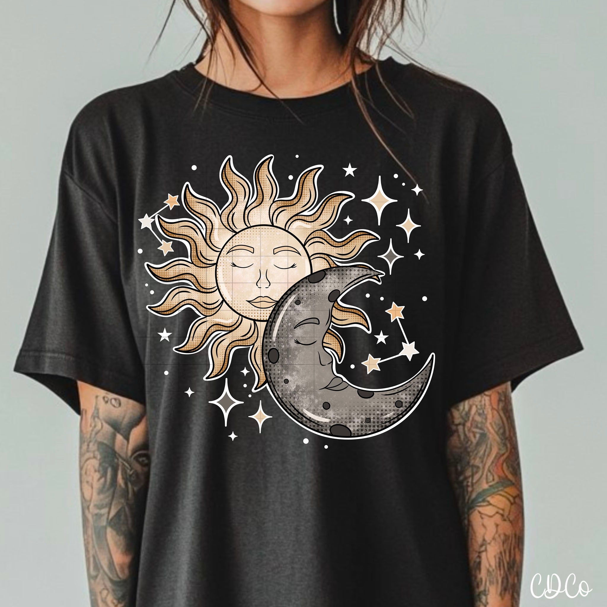 Celestial Sun Moon Stars White Outline 2838 DTF