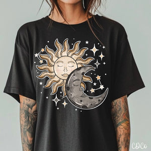 Celestial Sun Moon Stars White Outline 2838 DTF