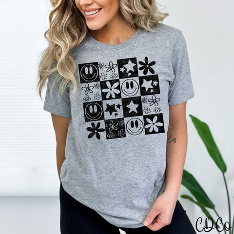 Checkered Doodles Flowers Faces 5113 DTF