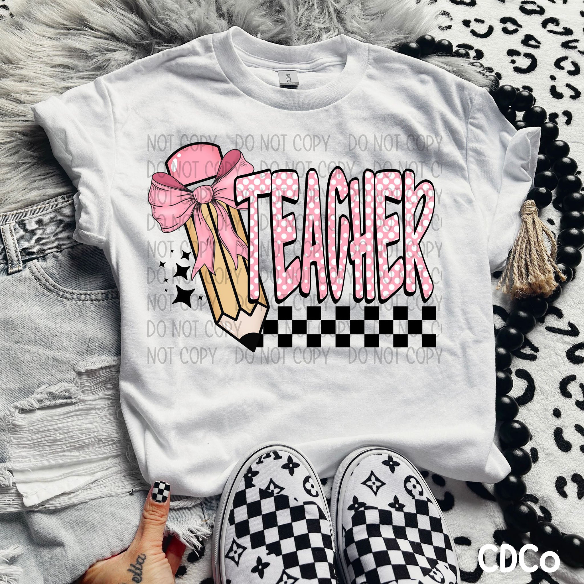 Checkered Pink Dot Teacher Pencil Ribbon DTF