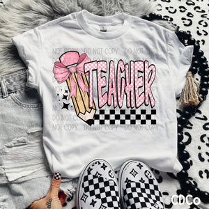 Checkered Pink Dot Teacher Pencil Ribbon DTF