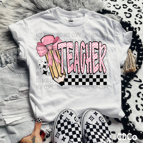 Checkered Pink Dot Teacher Pencil Ribbon DTF