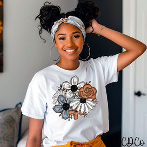 Cluster Brown Blue White Painted Flowers DTF
