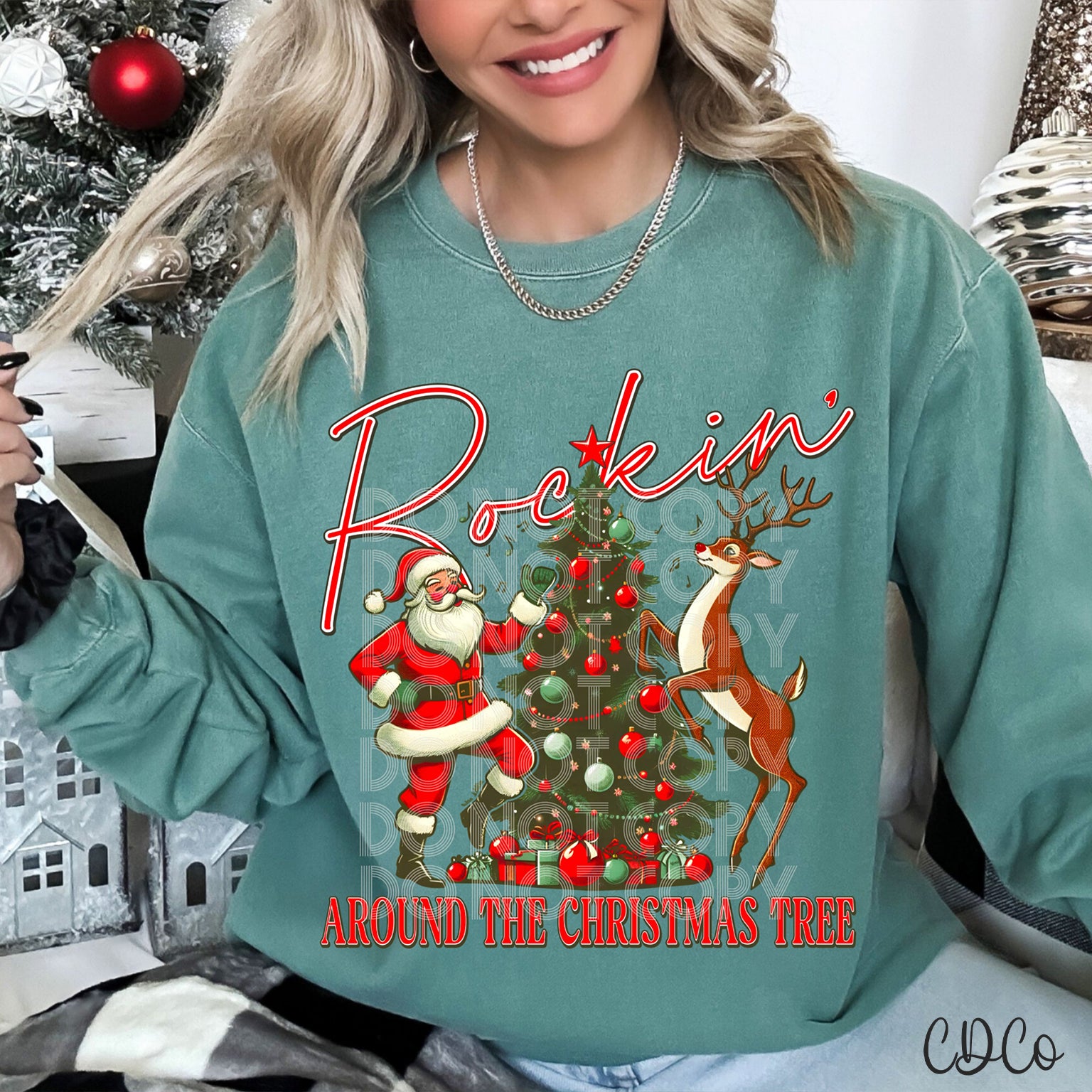 Dancing Santa Reindeer Rockin Around The Christmas Tree DTF