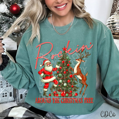 Dancing Santa Reindeer Rockin Around The Christmas Tree DTF
