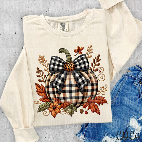 Fall Plaid Pumpkin Bow Faux Embroidery DTF