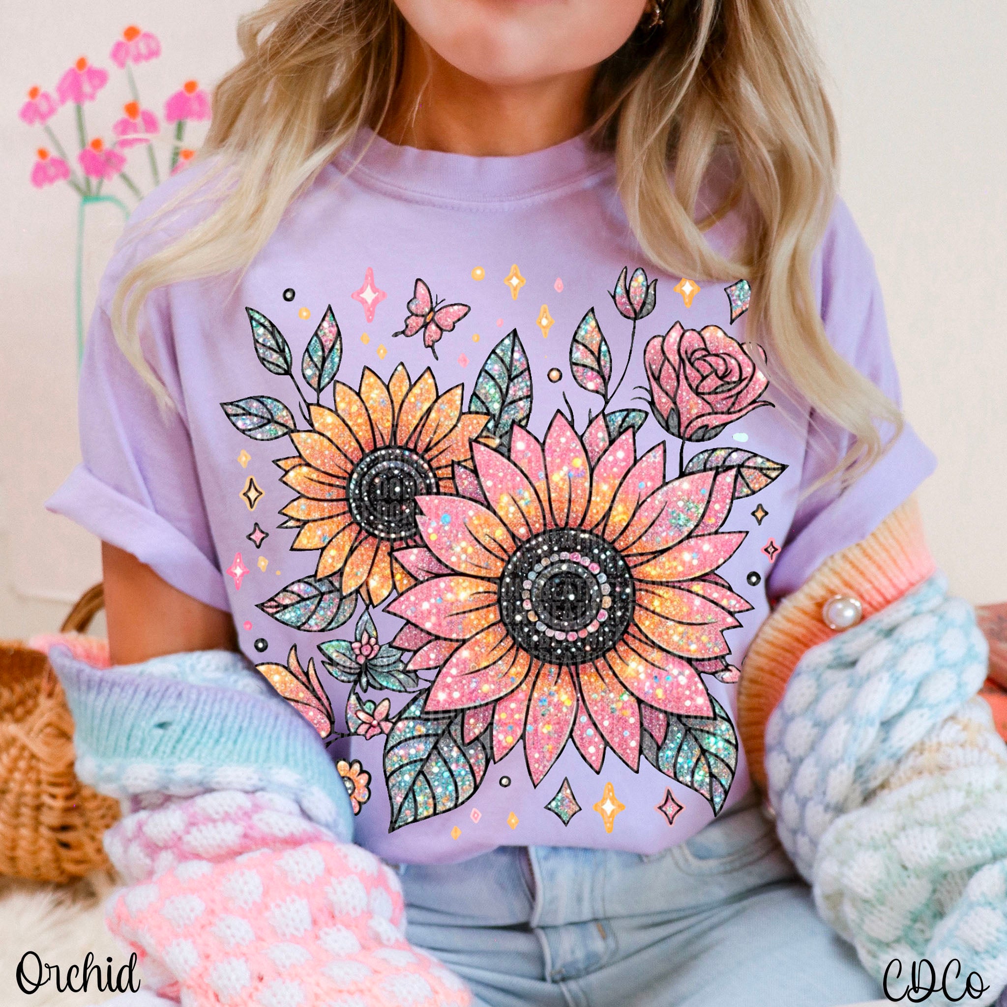 Faux Glitter Sequin Sunflower DTF