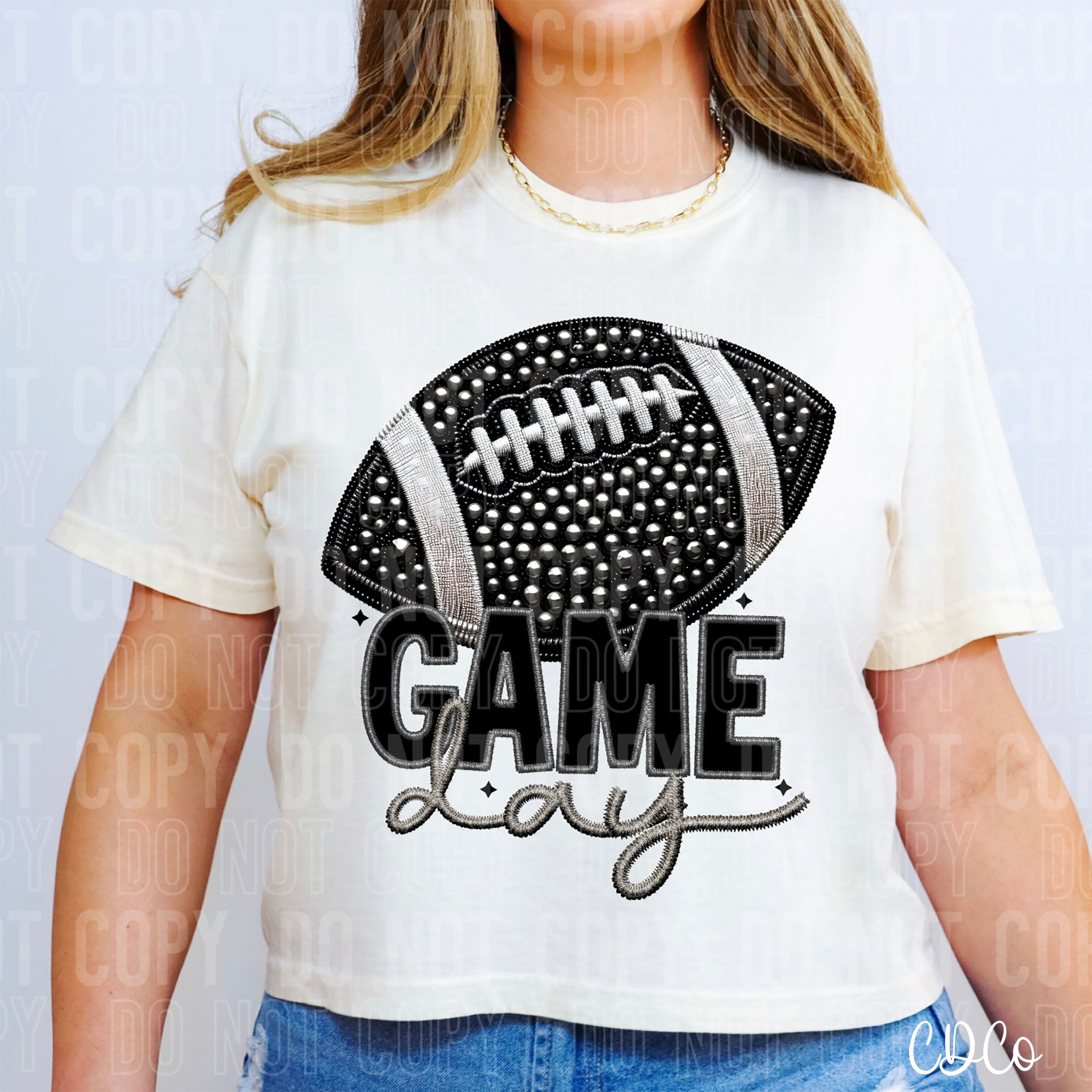 Gray Game Day Faux Bling Embroidery Football DTF