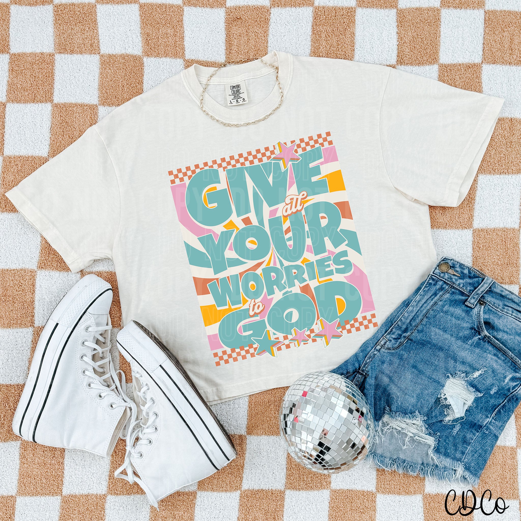 Give All Your Worries to God Sunburst Swirl Checked 2973 DTF
