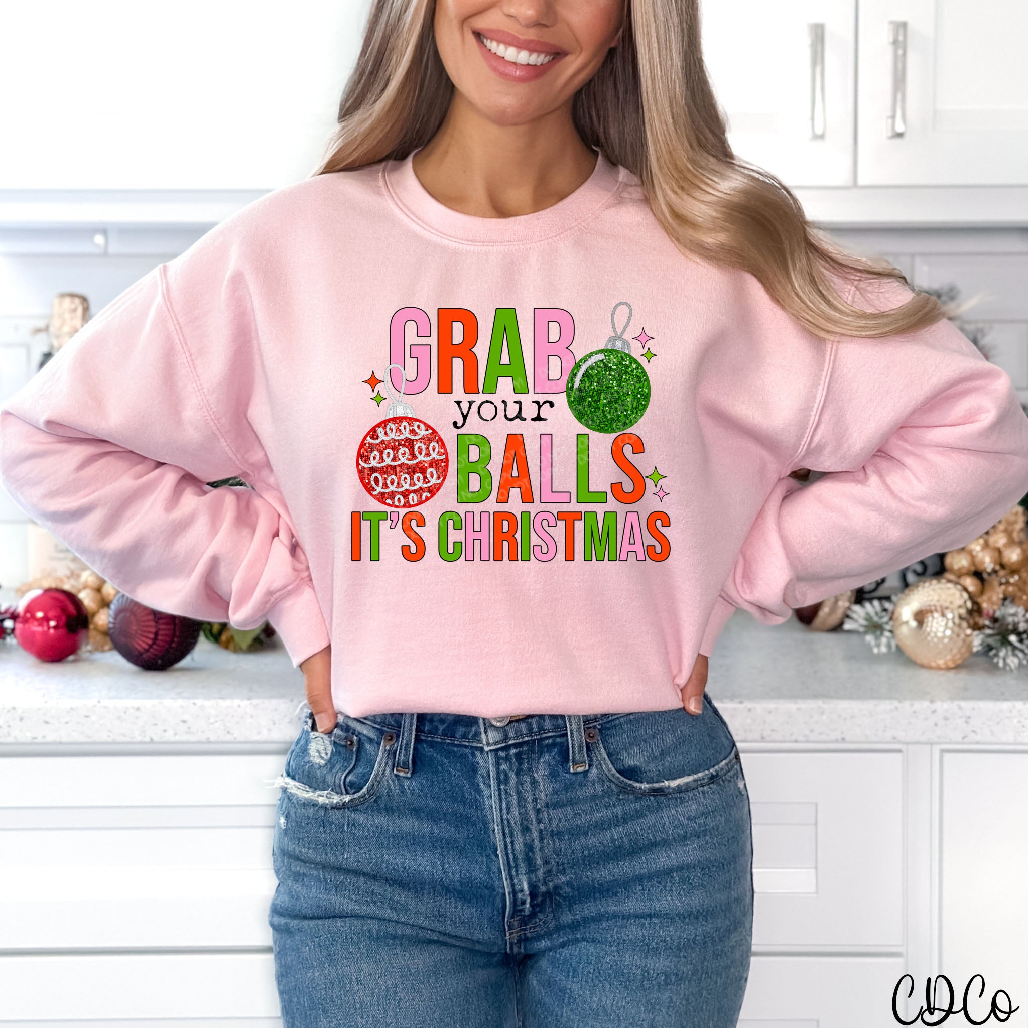 Grab Your Balls It's Christmas Faux Sequin Embroidery DTF