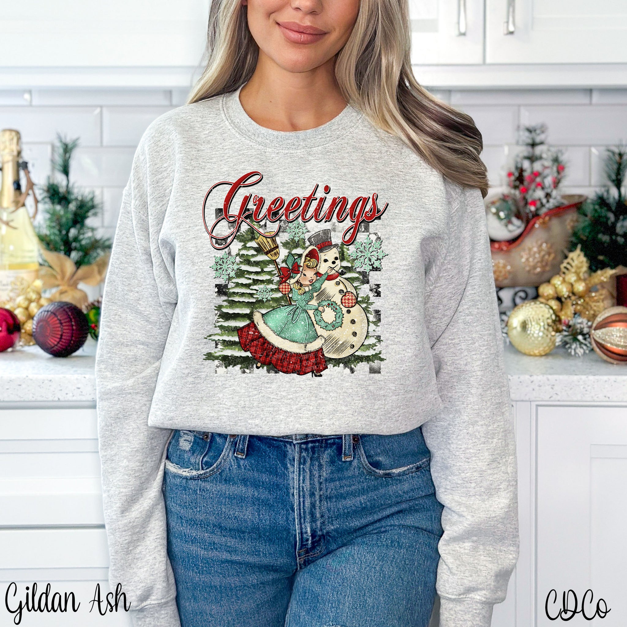 Greetings Vintage Snowman Girl DTF