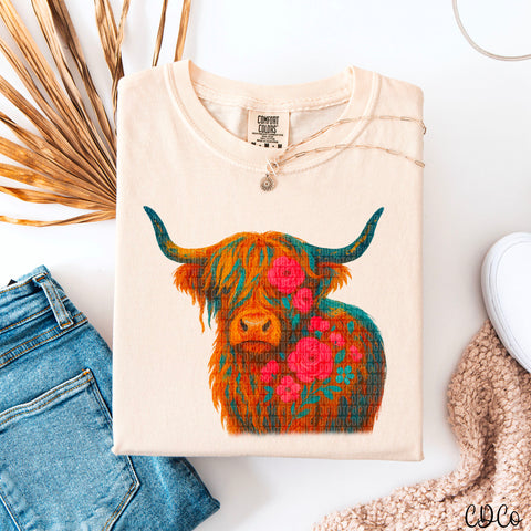 Multi Floral Cow Highland 5132 DTF