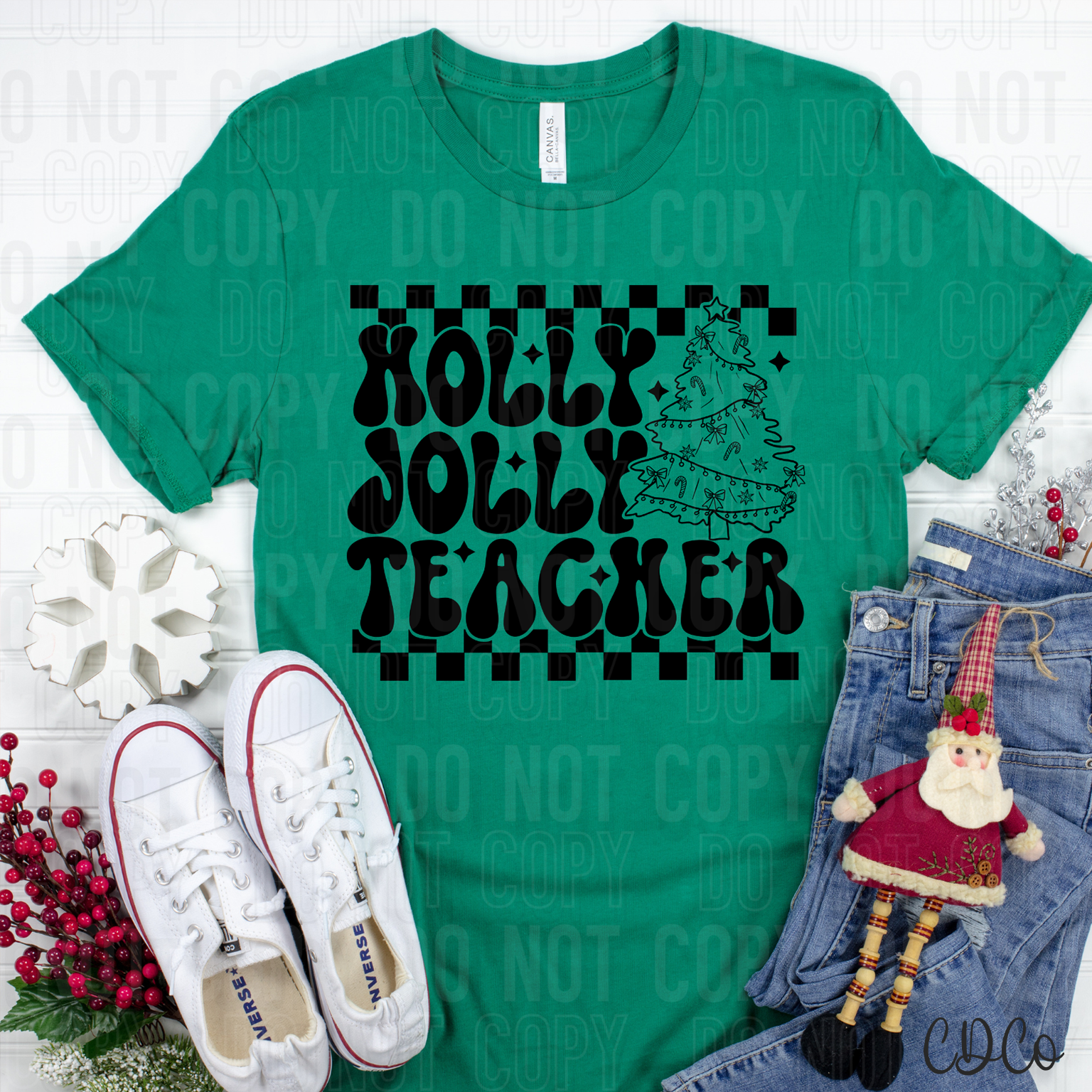 Holly Jolly Teacher Checkered Black DTF