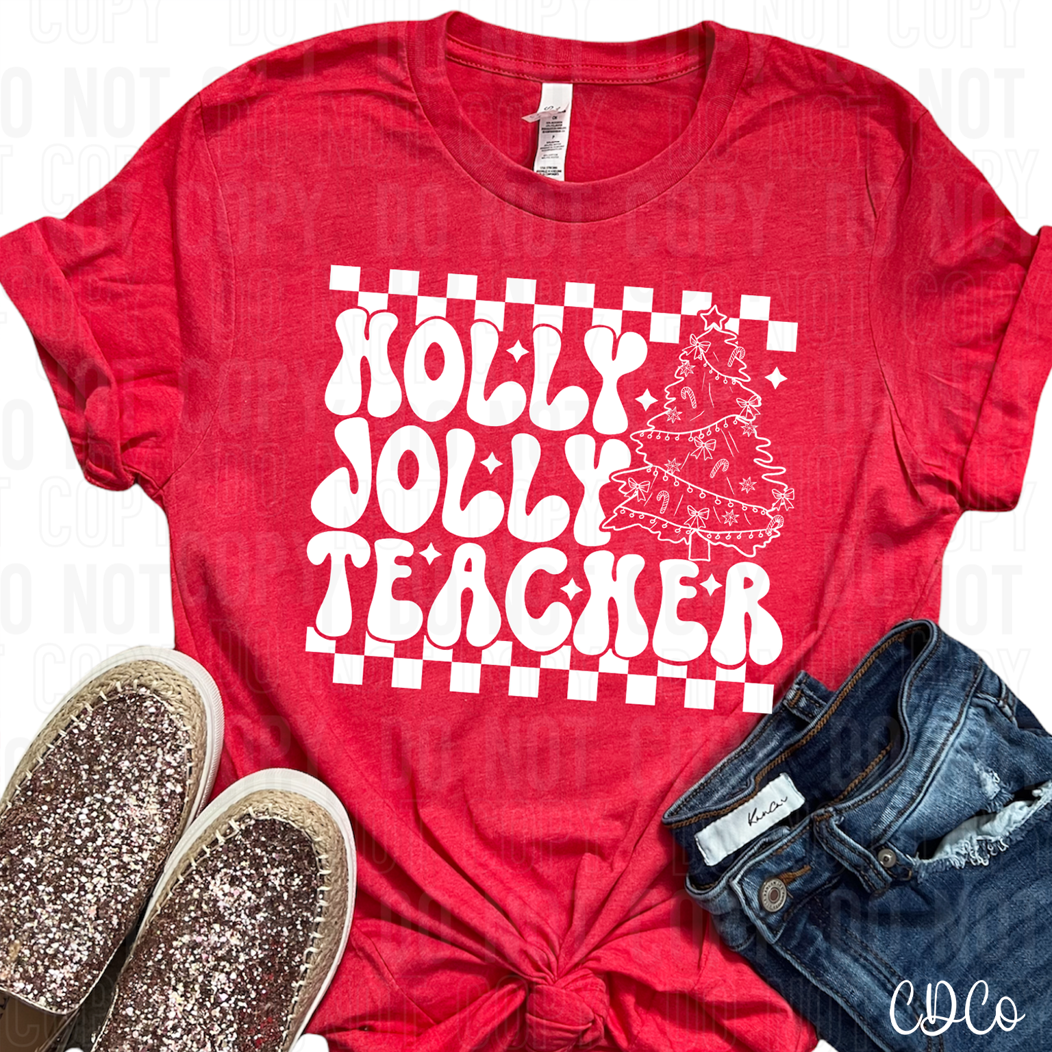 Holly Jolly Teacher Checkered White DTF