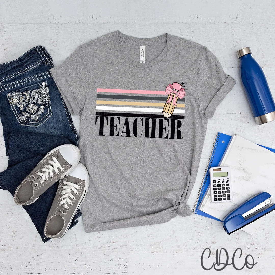 Teacher Retro Stripe Bow Pencil DTF