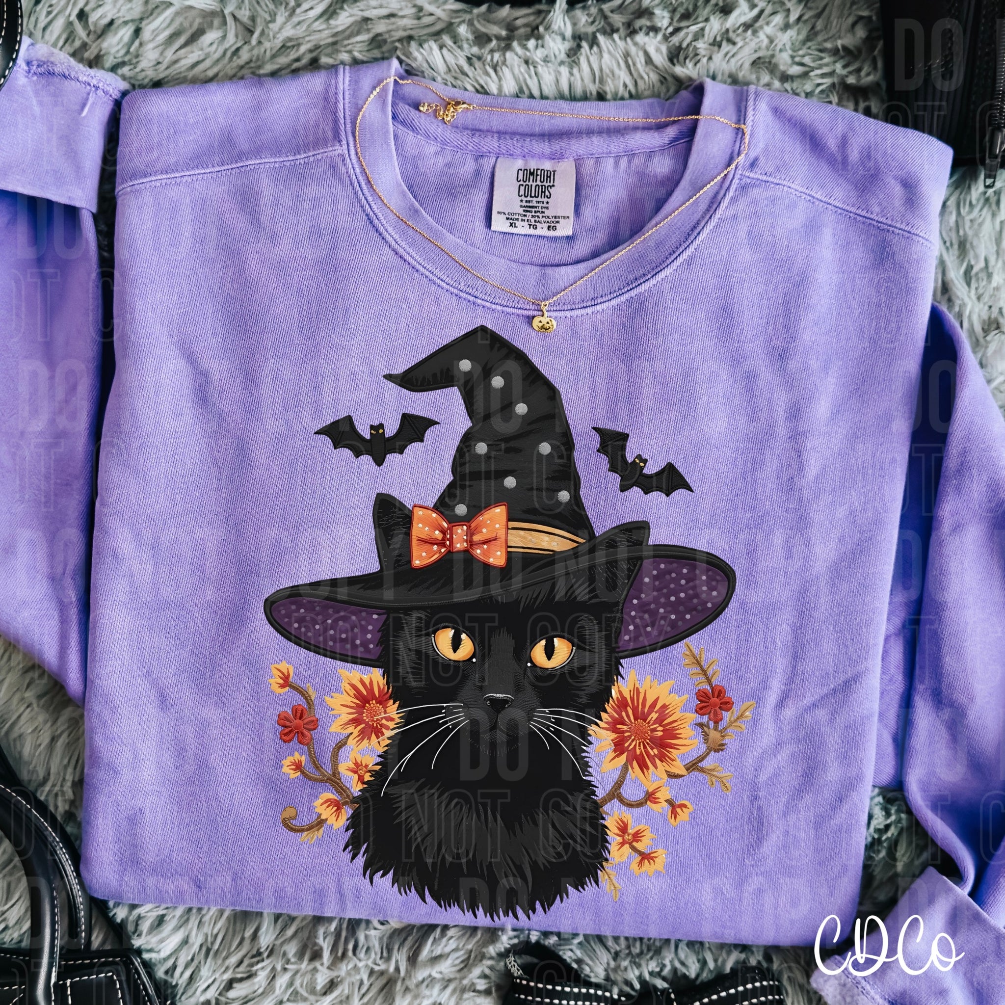 Black Cat Halloween Witch Hat Faux Embroidery 6681 DTF