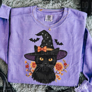 Black Cat Halloween Witch Hat Faux Embroidery 6681 DTF