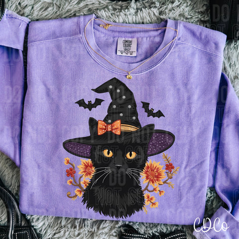 Black Cat Halloween Witch Hat Faux Embroidery 6681 DTF