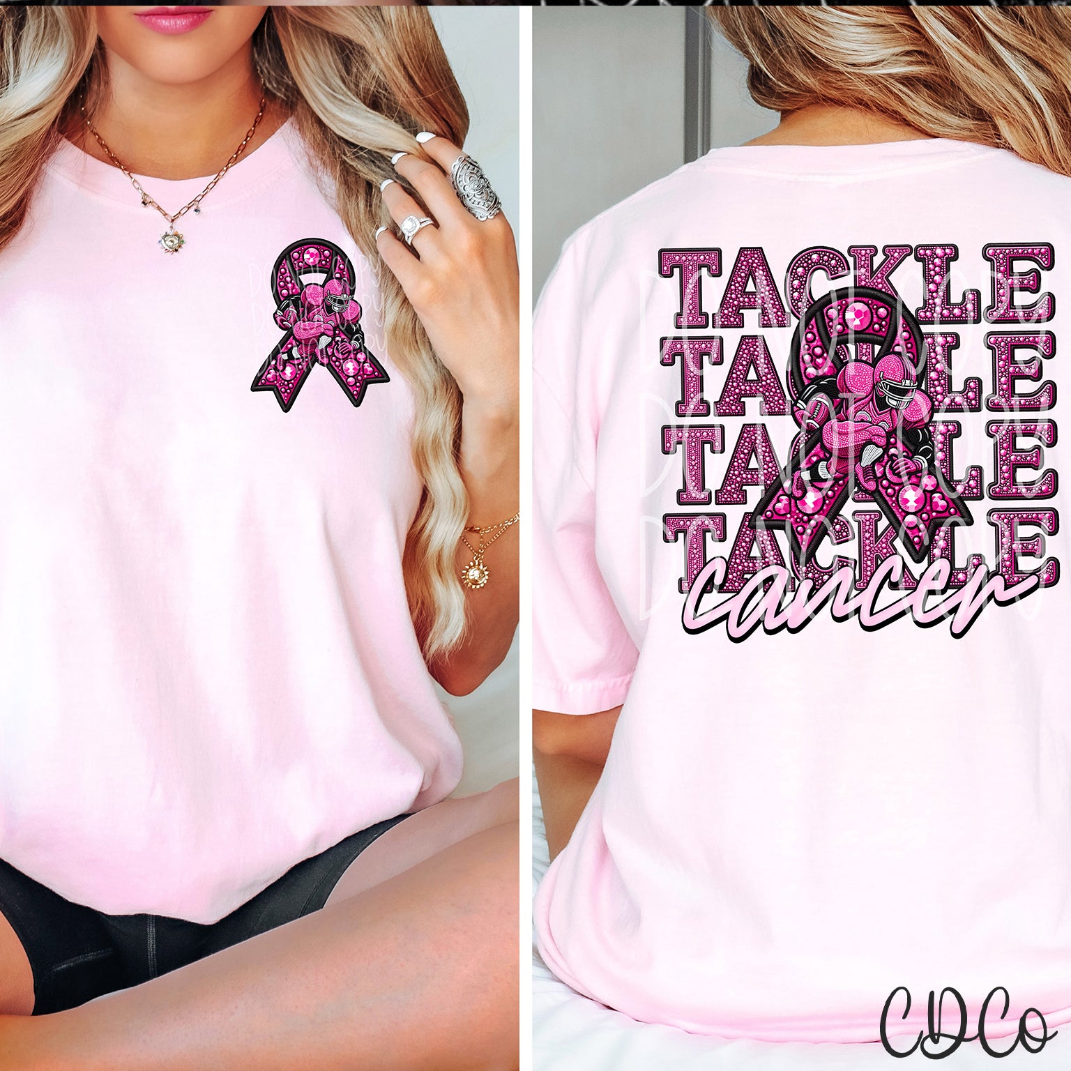 Tackle Cancer Rhinestone w/3.5" pocket DTF