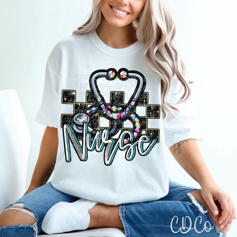 Bright Faux Rhinestone Bling Nurse DTF
