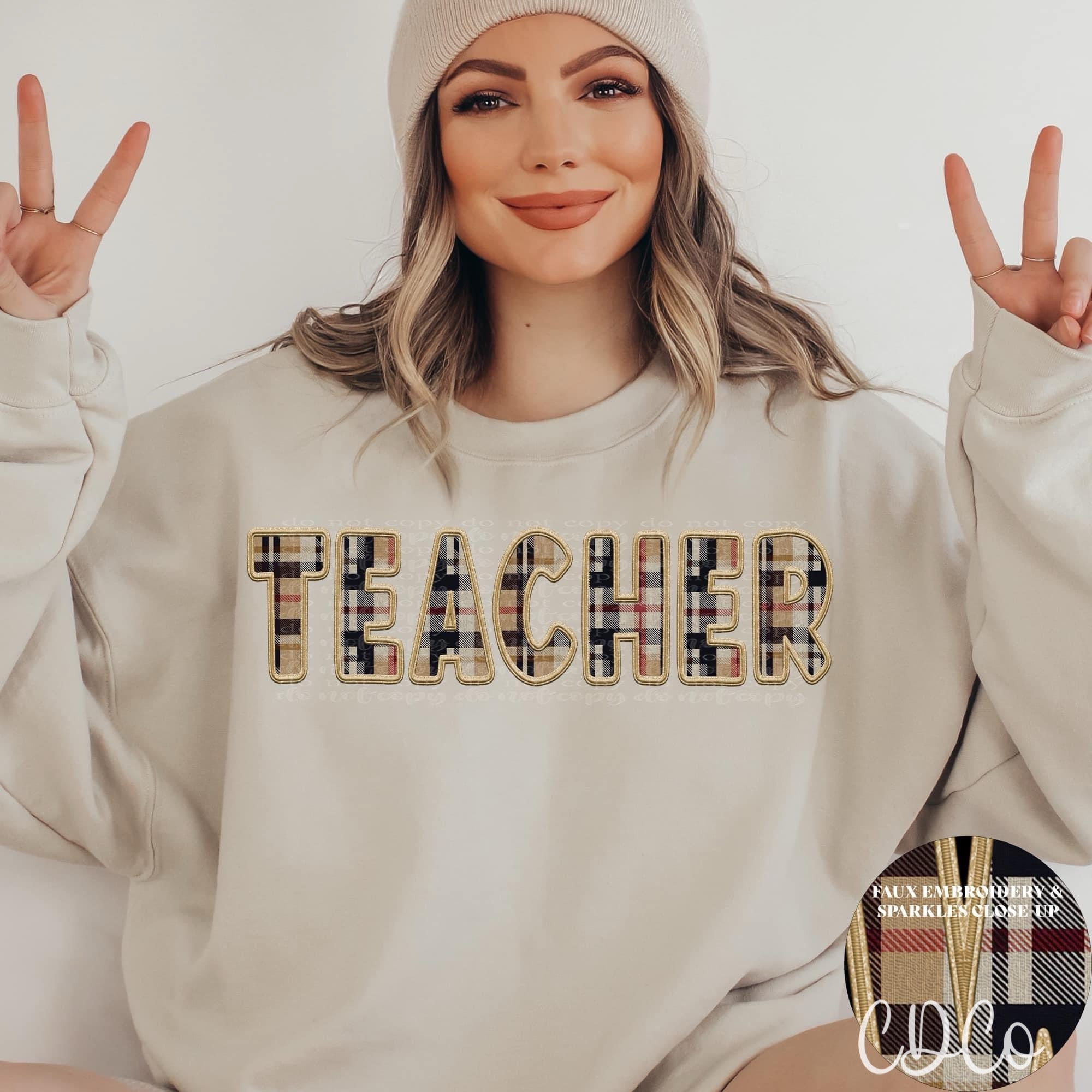 Teacher Plaid Gold Faux Embroidery Sparkle DTF