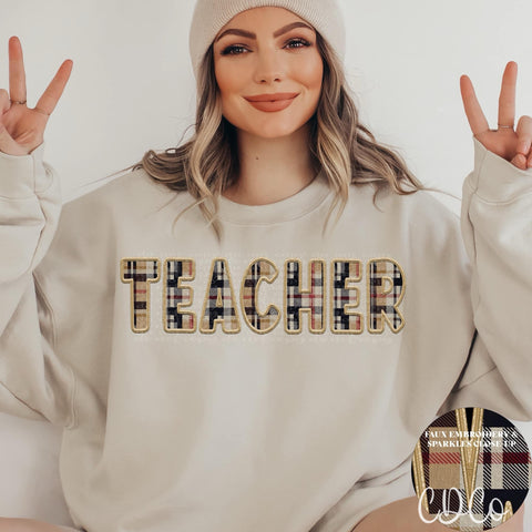 Teacher Plaid Gold Faux Embroidery Sparkle DTF