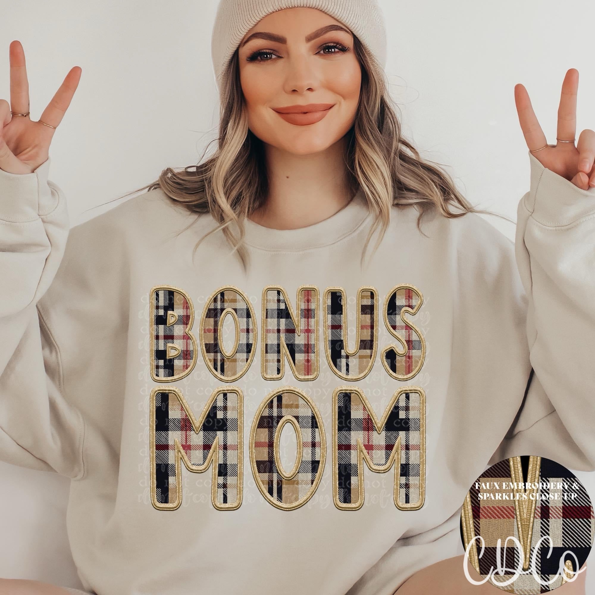 Bonus Mom Plaid Gold Faux Embroidery Sparkle DTF