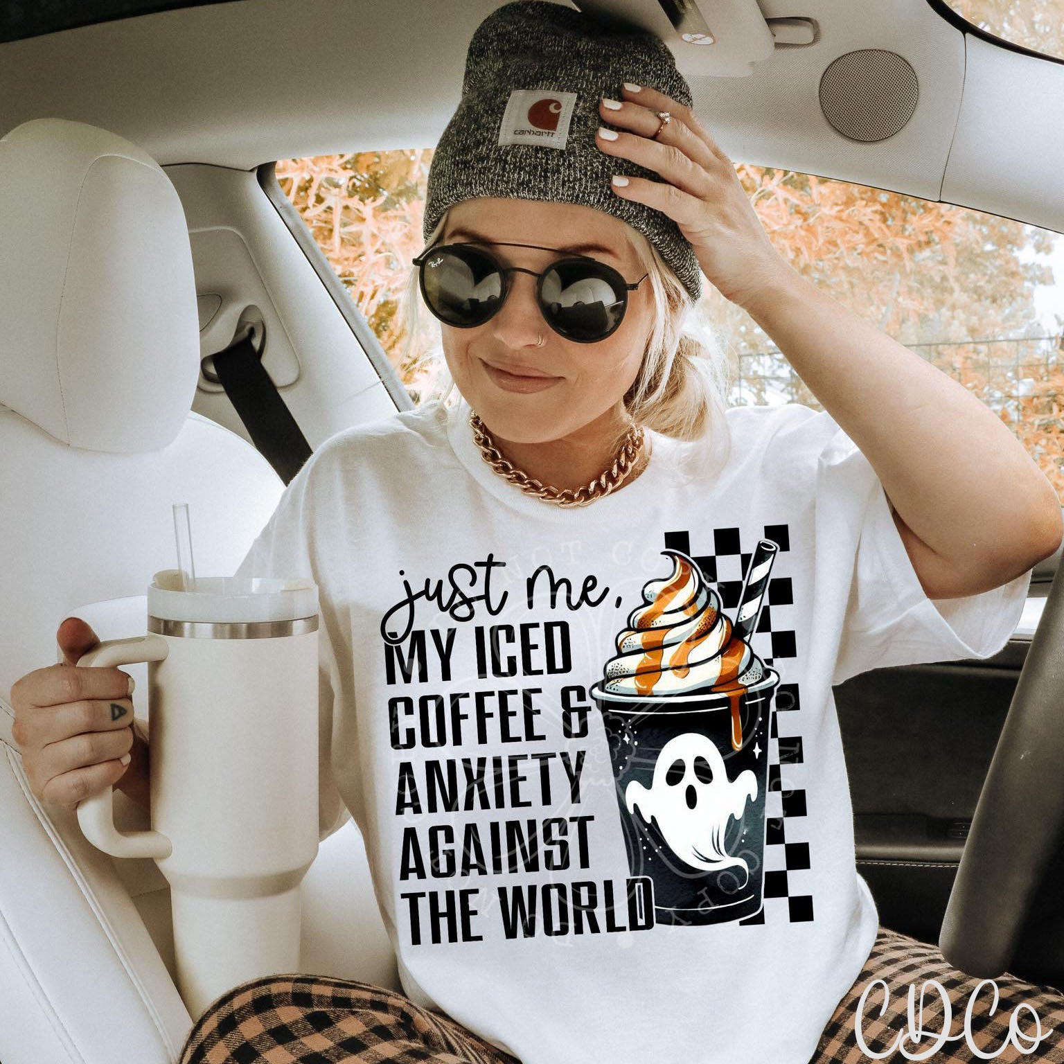 Just Me My Iced Coffee And Anxiety Ghost Black DTF