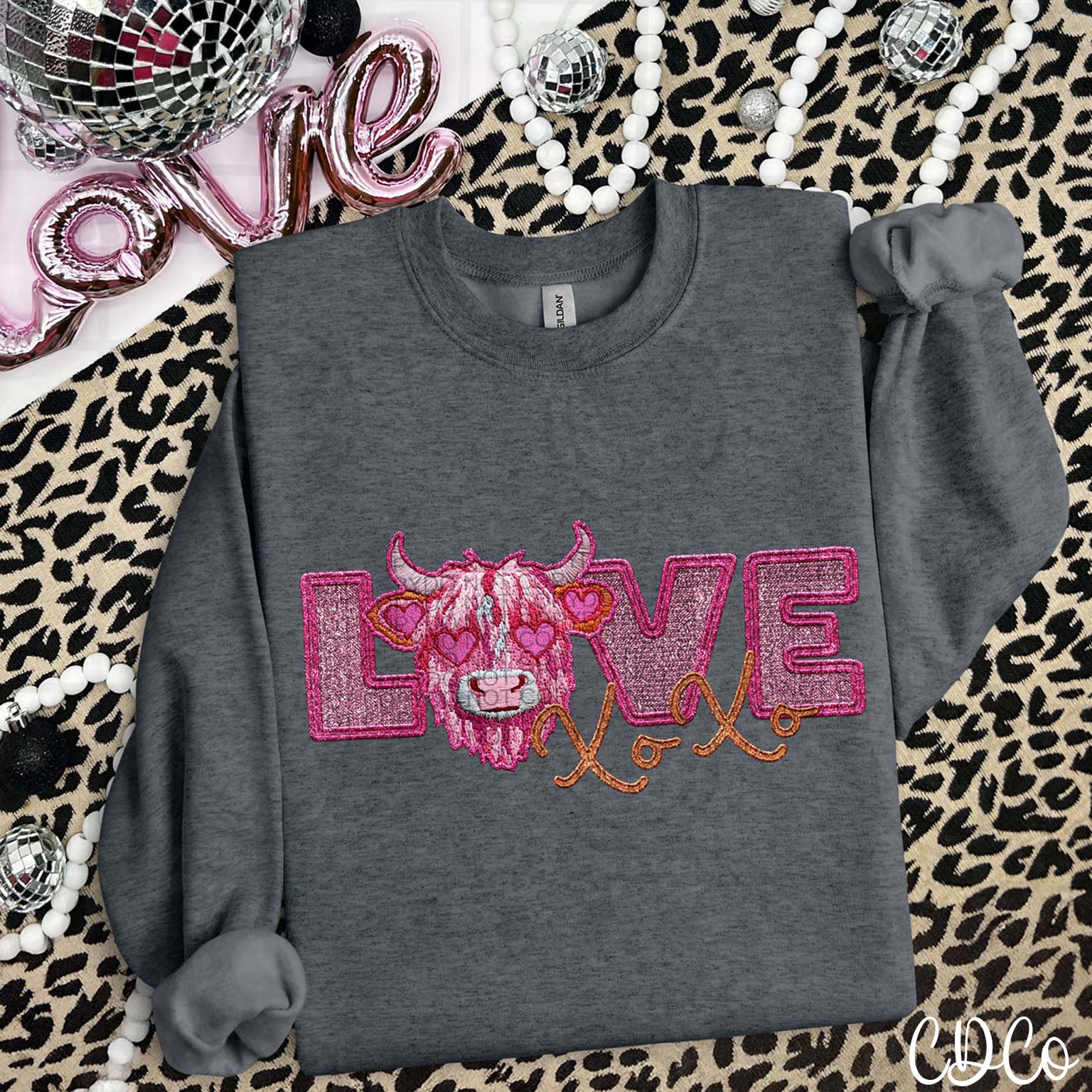 Love XOXO Pink Highland Cow Faux Emb 3500 DTF