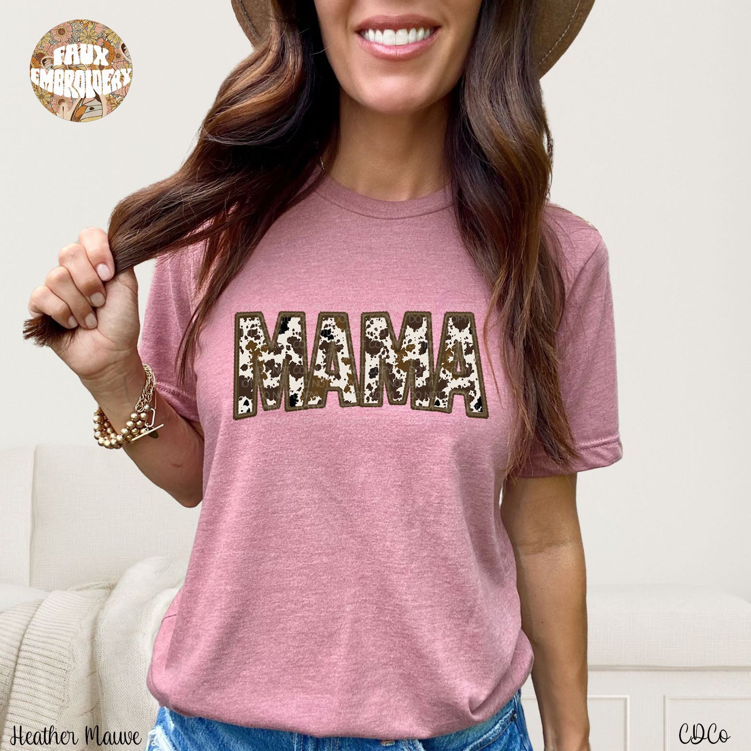 Mama Cowhide Brown Faux Embroidery DTF