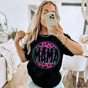 Mama Cutout Leopard Pink Teal Round DTF