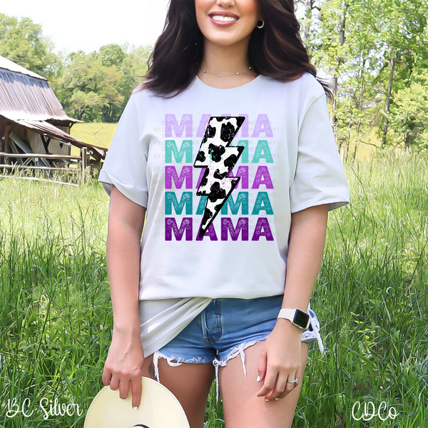 Mama Stacked Purple Teal Cowprint Bolt DTF