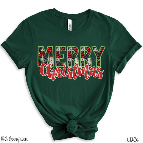 Merry Christmas Holly Green Faux Embroidery DTF
