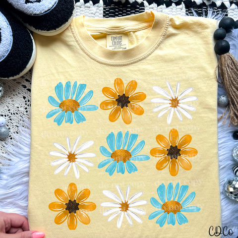 Blue Painted Flowers Grid DTF