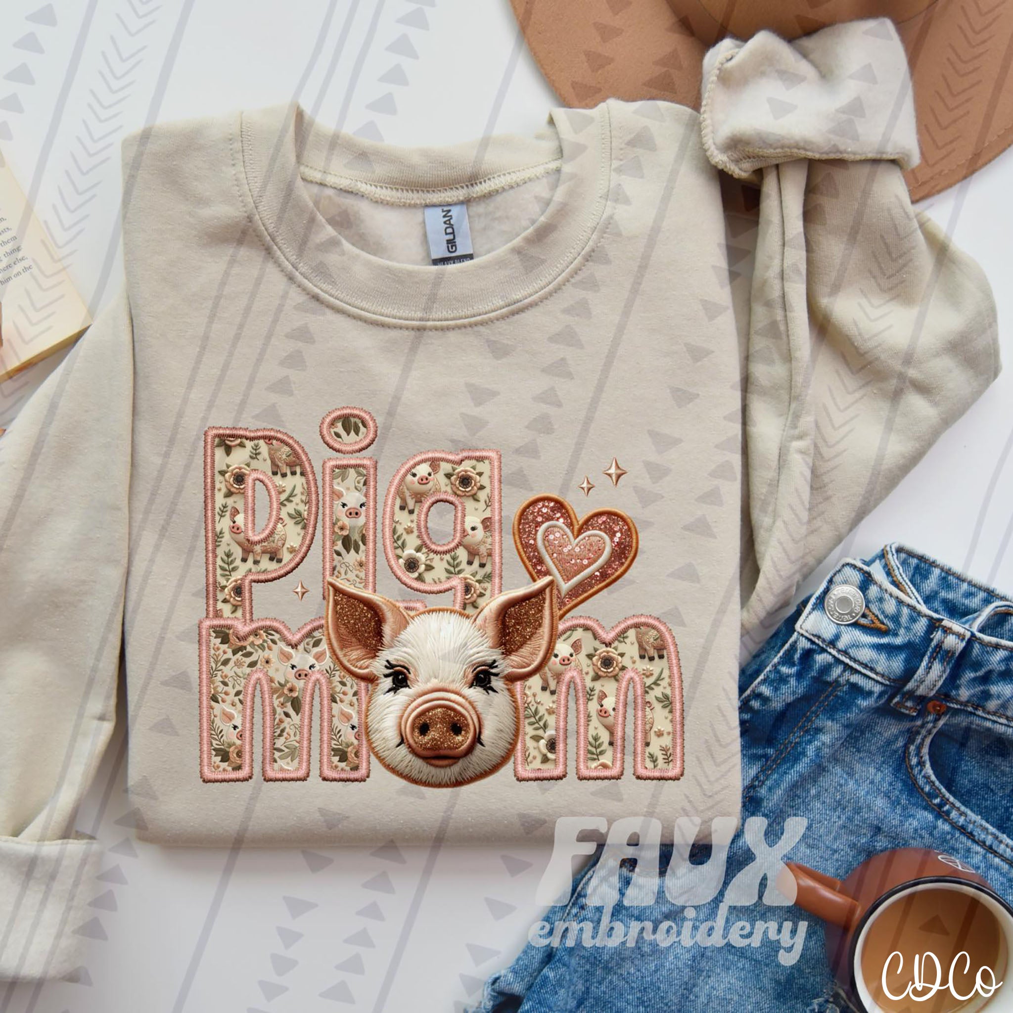 Pig Mom Faux Embroidery DTF