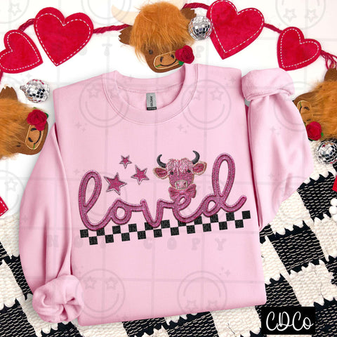 Pink Loved Highland Cow Checker Faux Emb 3496 DTF