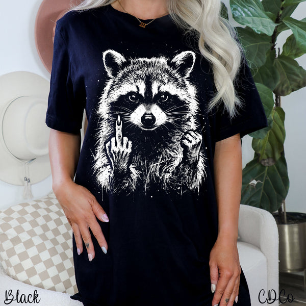Sarcasm Middle Finger Raccoon 10574 DTF <BEST ON BLACK OR DARK> - Chase Design Co.