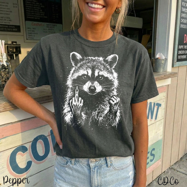 Sarcasm Middle Finger Raccoon 10574 DTF <BEST ON BLACK OR DARK> - Chase Design Co.