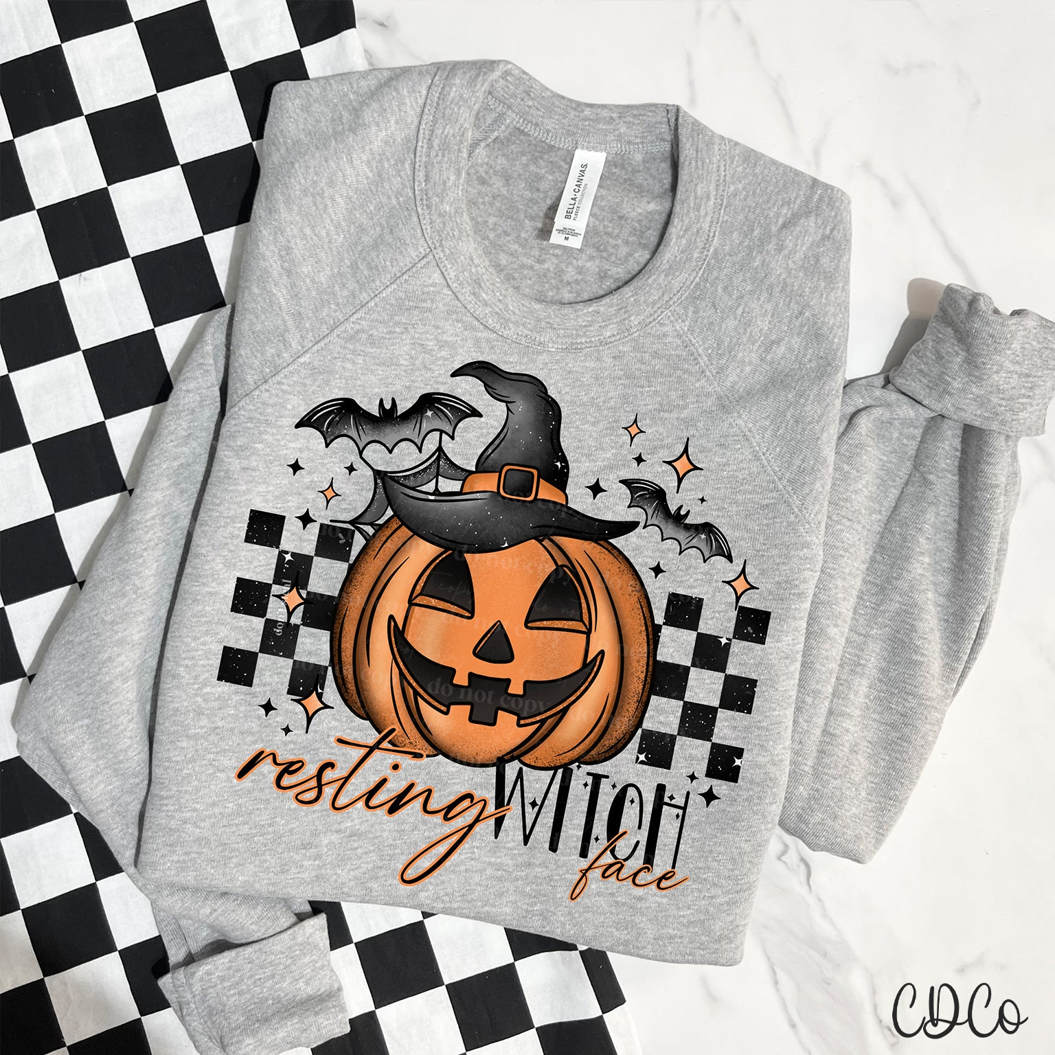 Resting Witch Face Pumpkin Checkered Black DTF